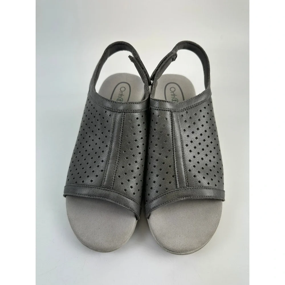 Orthofeet Hazel Wedge Sandal Gray Perforated Faux Leather Comfort 62021 Womens 7
